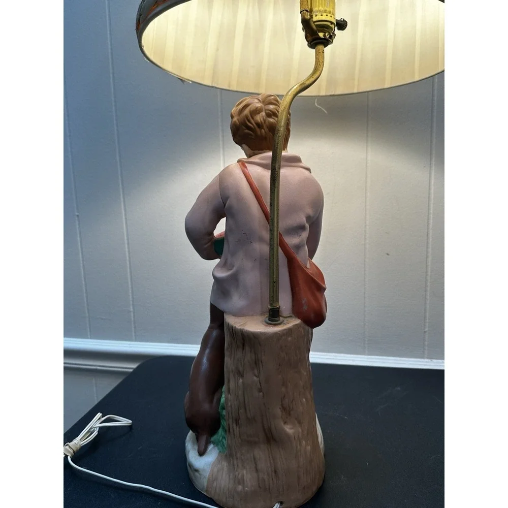 Vintage Taiwan Figural Table Lamp Boy Feeding Dog Watermelon Ceramic 31 Inch Sha